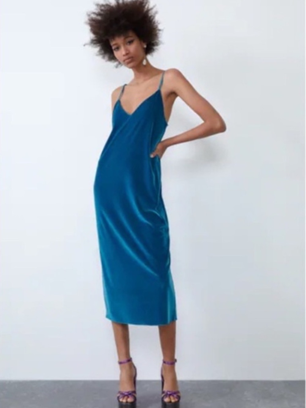 NWT Zara Classic Blue Velour Slip Midi Dress Spaghetti Strap Velvet S